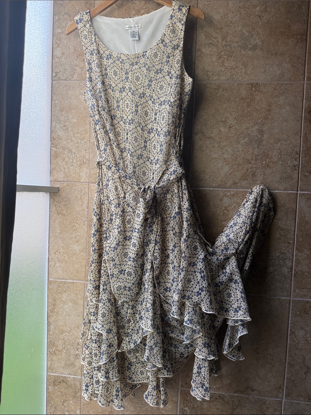 Amanda Lane Chiffon Sleeveless Dress Cascading Ruffle Hem Bias Cut Medallion 16